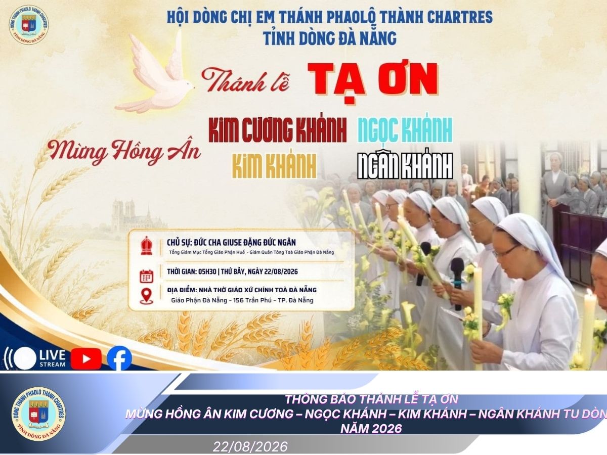 Thông Báo Thánh Lễ Tạ Ơn Mừng Hồng Ân Kim Cương – Ngọc Khánh – Kim Khánh – Ngân Khánh Tu Dòng Năm 2026