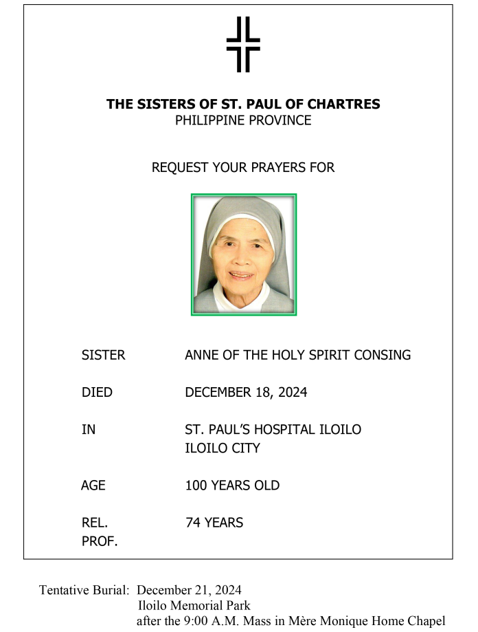 DEATH NOTICE - SR. ANNE CONSING
